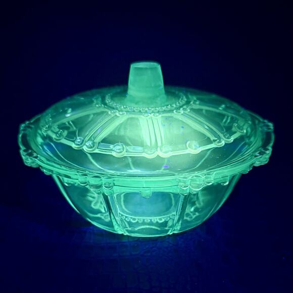RARE Vintage UV Reactive Aquamarine Blue Jeannette Glass Covered Candy Box GLOWS - Picture 1 of 9